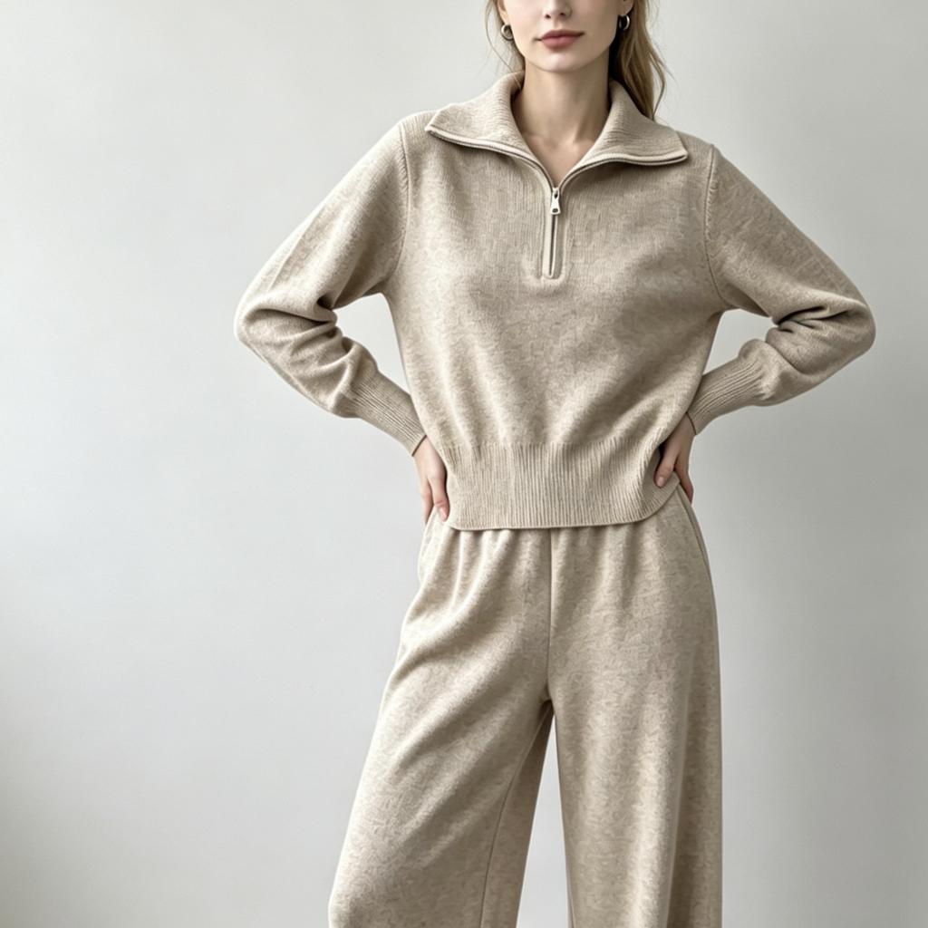 European and American casual knit set: women's half-zip sweater + high-waisted wide-leg pants, weighty two-piece set