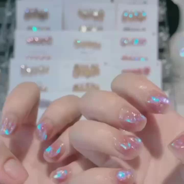 1Set Ballet Gradient Rose False Nails Medium Length, Glossy Finish with Floral and Rhinestone Accents