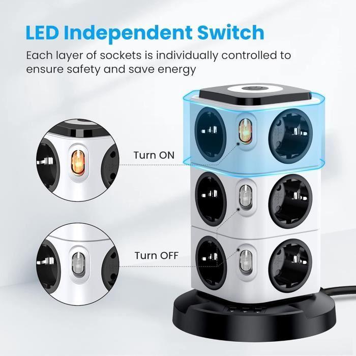 Multiprise - Acodot - Tower 12 Compartiments - 3 Ports USB - 2500W - Protection Surtension
