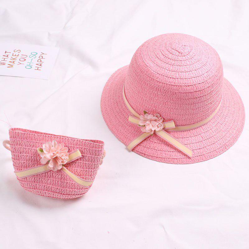 Sun Straw Hat Kids Girls Large Wide Brim Travel Beach Cap Sweet Flower Bowknot Sun for Protection Hat with Shoul