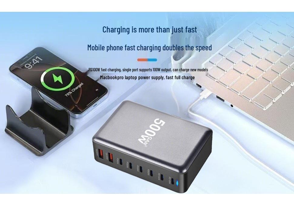 500W Gallium Nitride Multi-Port PD100W Fast Charger for Desktop and Phone