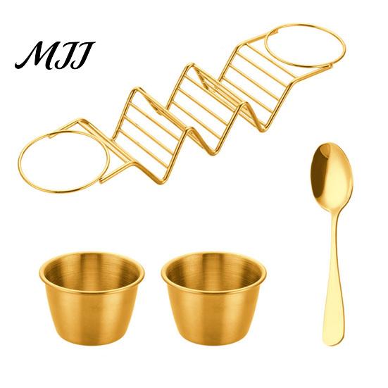 Burrito Serving Rack Taco Holder Stand with Dip Bowls, 201 Stainless Steel Wave Set, Tableware for Family Gatherings 2 Sauce Dishes And