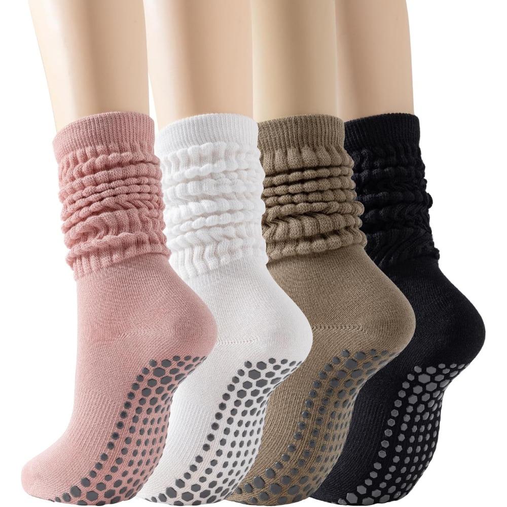 4 Pairs Pilates Grip Socks for Women, Long Non Slip Yoga Sock Calf Socks, Cotton Knee High Scrunch Grippy Socks
