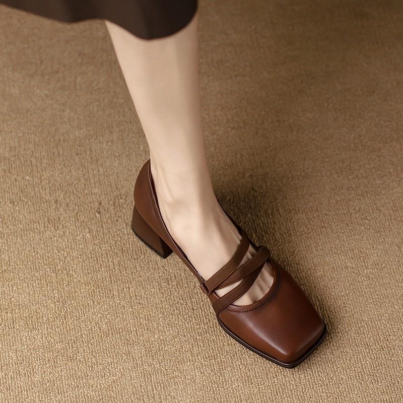 Retro Mary Jane Schuhe Damen Dicke Ferse Weiche Sohle Mittelhoch Vielseitig Eckiger Kopf Kleine Lederschuhe Frühling Flachmündung Einzelne Schuhe