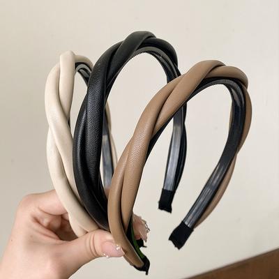 Vintage Leder Stirnband mit Kreuz für Frauen Koreanische Mädchen Haarreif Elegant Damen Haaraccessoires Einfarbiges Haarband