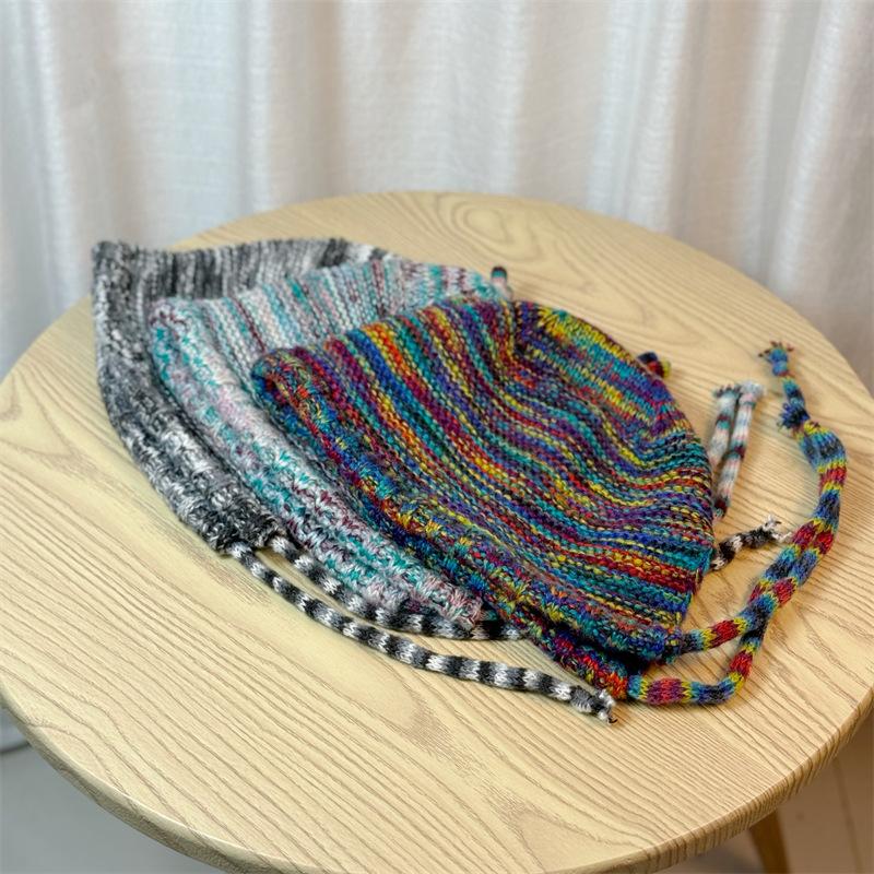 Rainbow Gradient Wool Hat Women's Autumn and Winter Style Face Revealing Small Baotou Hat Ethnic Style Warm Knitted Hat Lei Feng Hat
