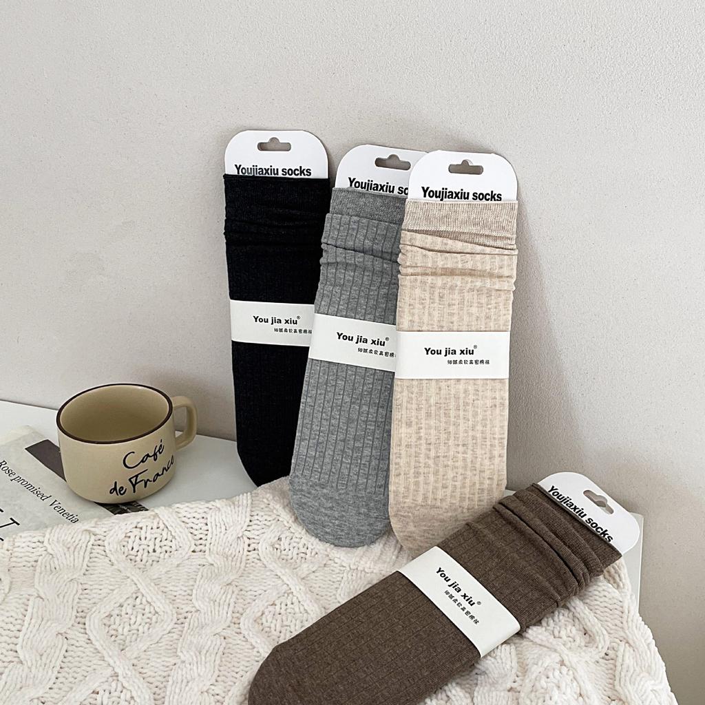 Boneless Solid Color Straight Socks Women'S Loose Cotton Stacked Socks Simple And Versatile Mid-Leg Socks