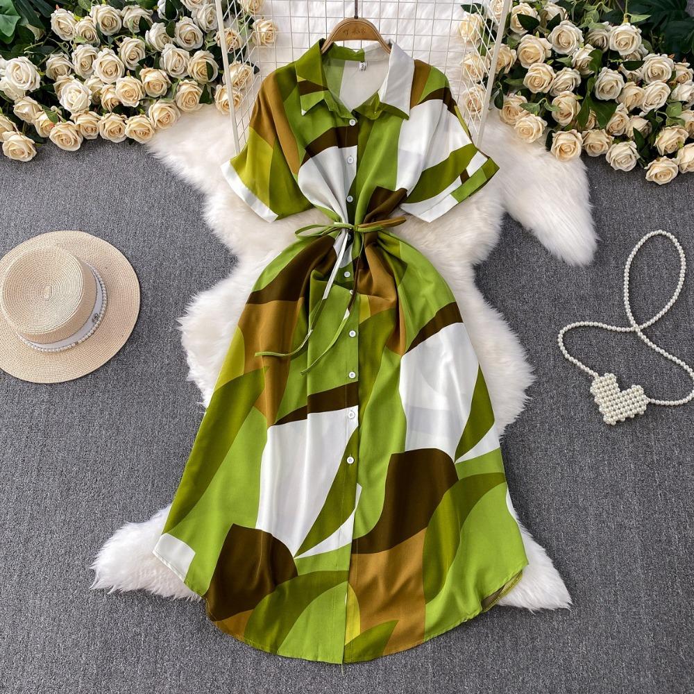 Women's Polo Neck Short Sleeve Geometric Print Maxi Shirt Dress High Waist Casual Dress