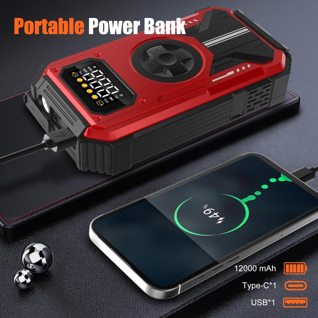 Car Jump Starter Booster Power Bank Battery Charger Pack With 150PSI Air Compressor Eigotrav PD-270 12V 6000A 12000mAh