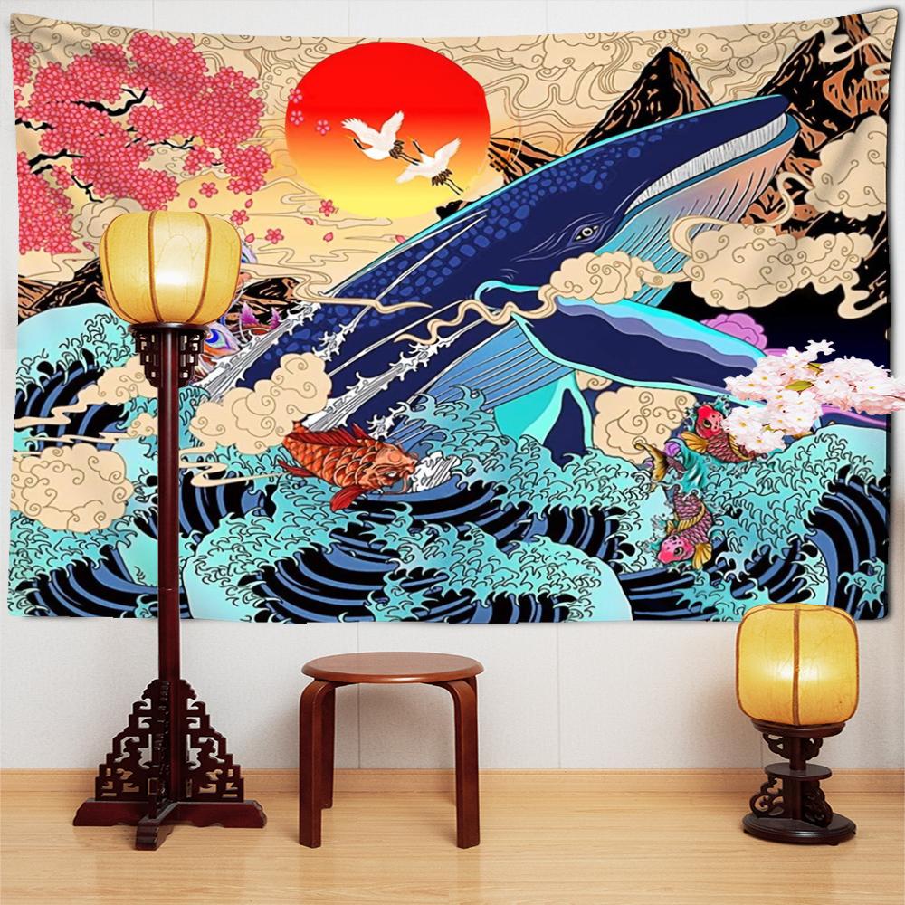 Whale Illustration Tapestry Wall Hanging Colorful Psychedelic Witchcraft Aesthetics Room Dormitory Background Decor