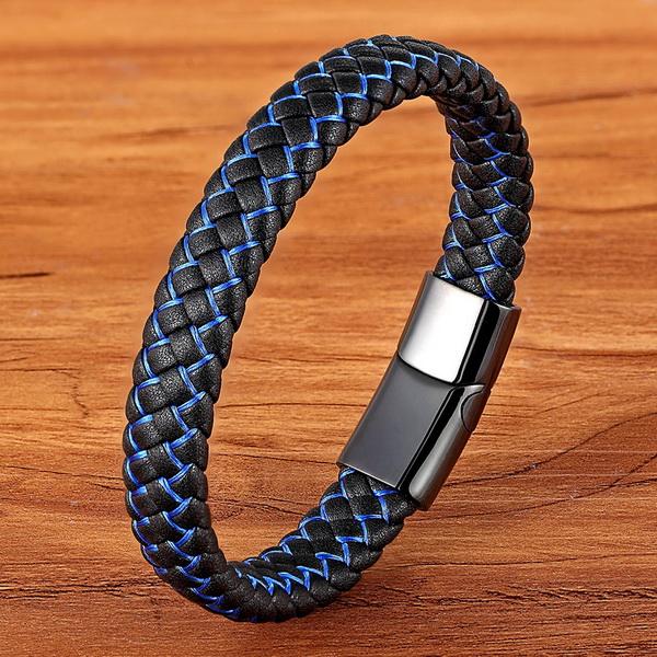 Men Jewelry Punk Black Blue Braided Leather Bracelet for Men Stainless Steel Magnetic Clasp Fashion Bangles Gifts 6 Colors