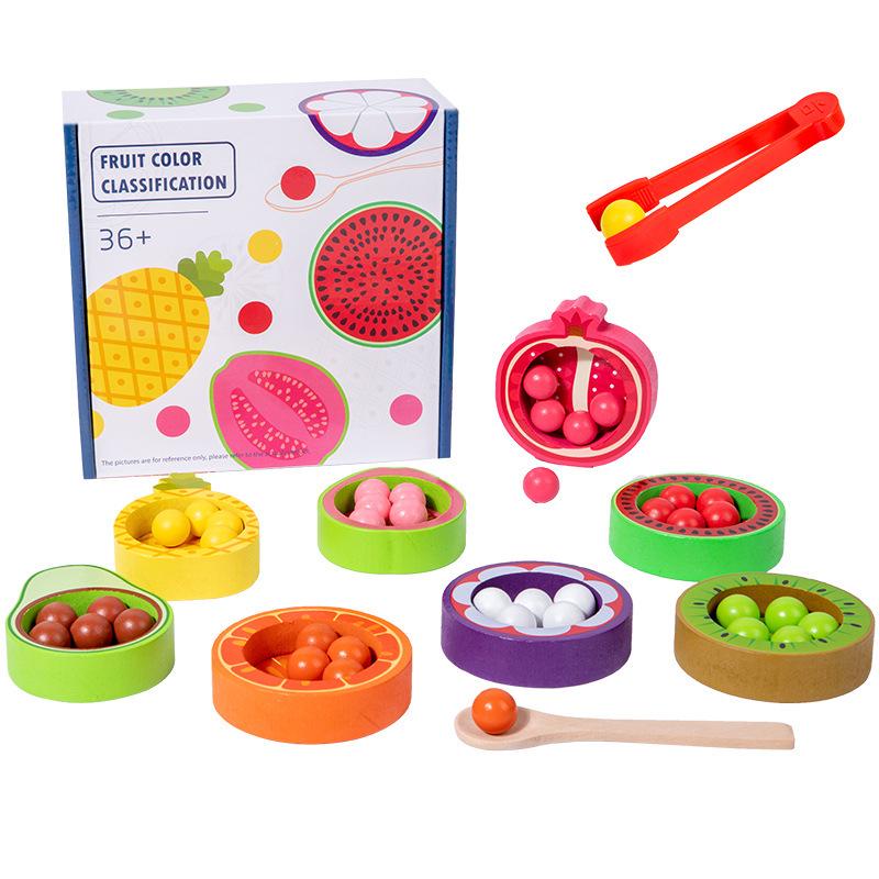Kids' Wooden Fruit Color Sorting Plate & Bead Clamping Educational Toy for Sensory Training