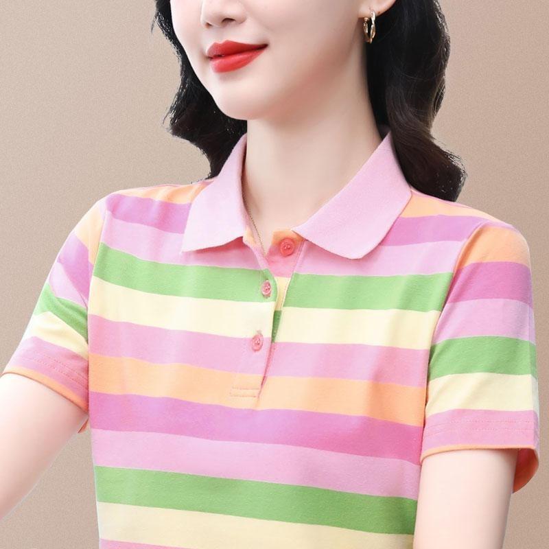 

Женская хлопковая футболка с коротким рукавом 2025 лето новейшая полосатая повседневная спортивная элегантная рубашка-поло с лацканами XXL