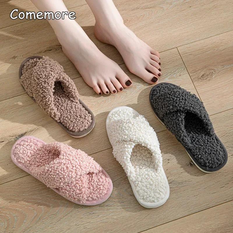 Fashion Fashion Cross Strap Fuzzy Slippers Women Indoor House Non Slip Warm Plush Woman Slippers Winter Comfort Soft Sole Cotton Slides