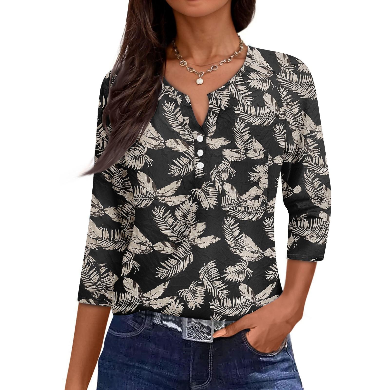 

Женская повседневная мода V-образный вырез свободный универсальный цветочный принт рукава три четверти L чёрный