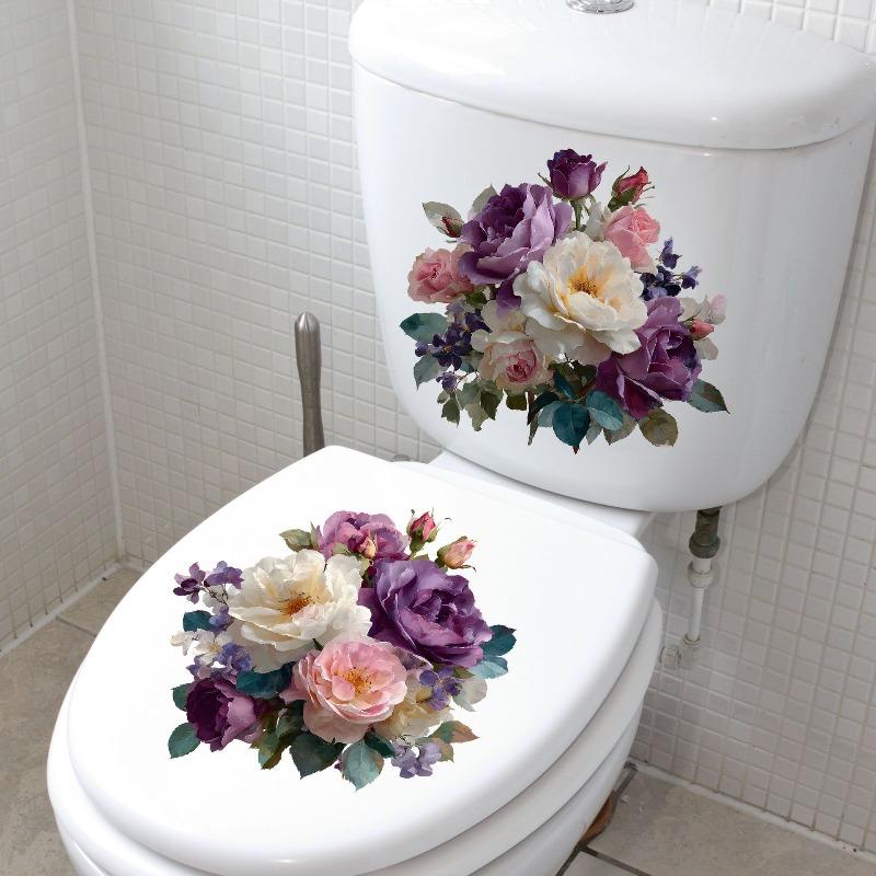 Watercolor Purple-pink Flower Toilet Sticker  Removable, Waterproof, Bathroom Toilet Decoration Sticker