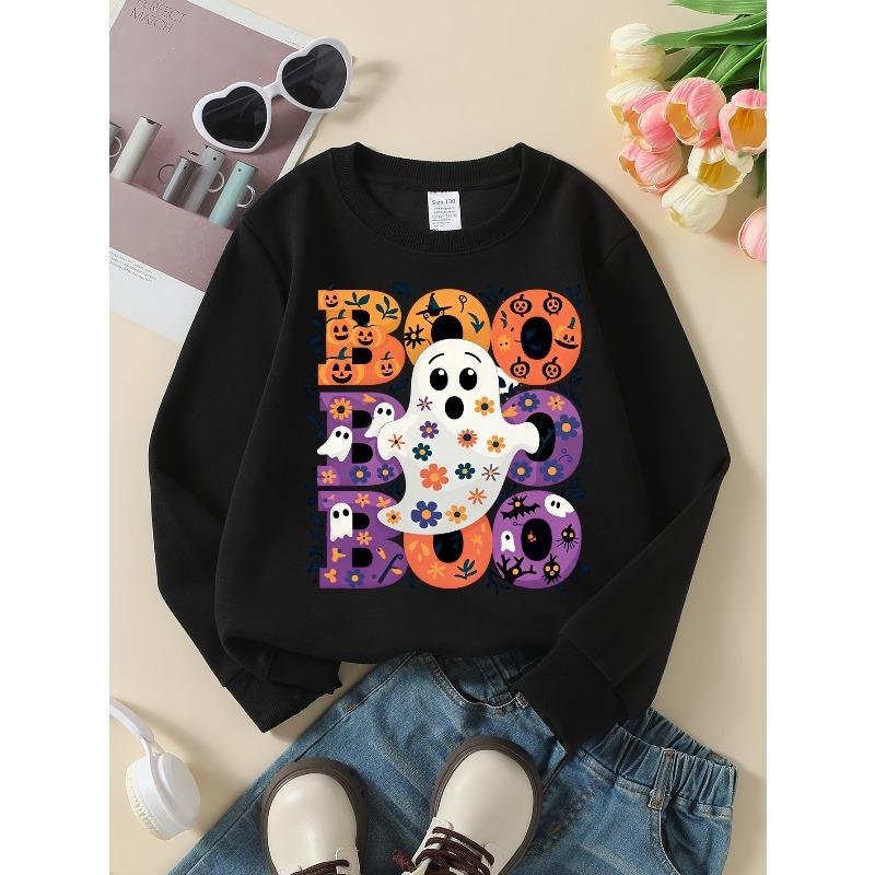 Girls for Halloween Crew Neck Sweatshirt, Boo Ghost Pumpkin Floral Print, Fun Print Kids Autumn Clothing