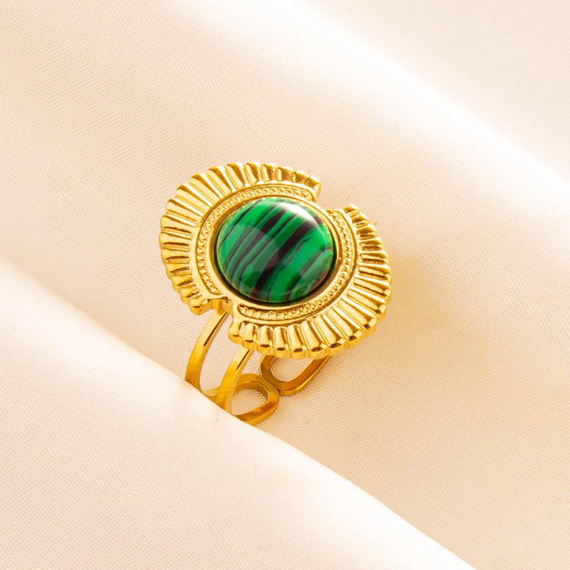 Green Striped Stone Vintage Gold Color Stainless Steel Open Adjustable Rings For Women Men Accessories Finger Jewelry Sun Flower