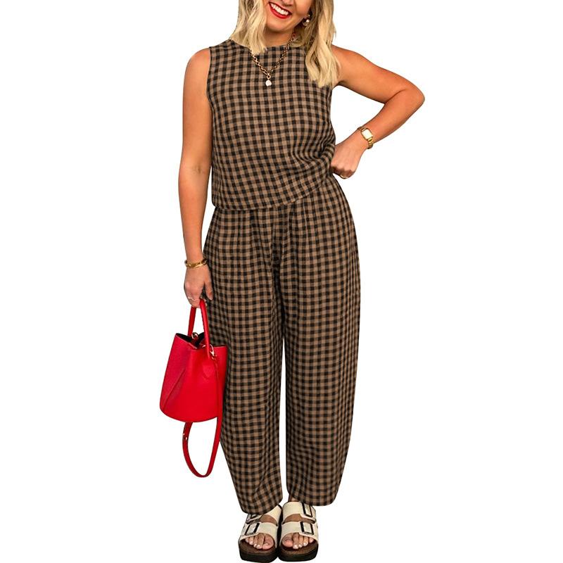 Women European Style Casual Loose Plaid Print Sleeveless Vest Cropped Pants Set S