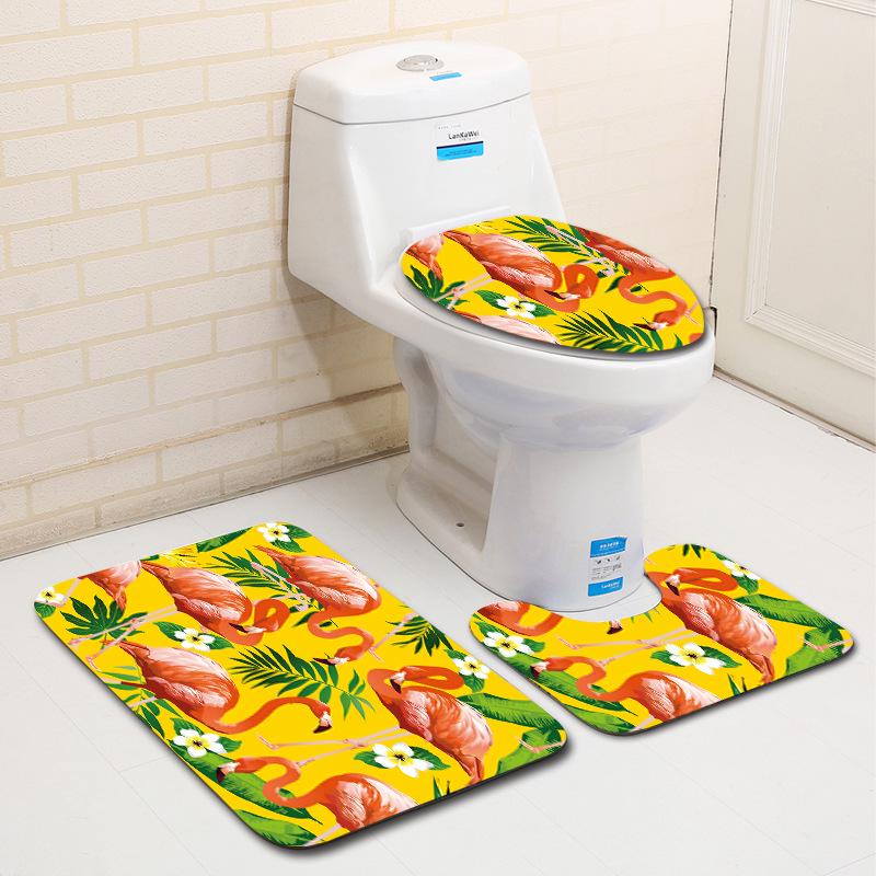 European And American Style Pink Cute Animal Flamingo Floor Mat Carpet Girl Heart Hand-Painted Illustration Toilet Three-Piece Set