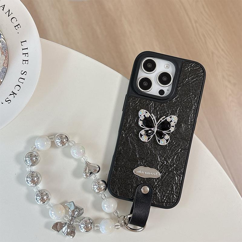 Strass Schmetterling High-End Kette Handyhülle für 15 für Apple 17 Handheld für IPhone16pro Leder Mode
