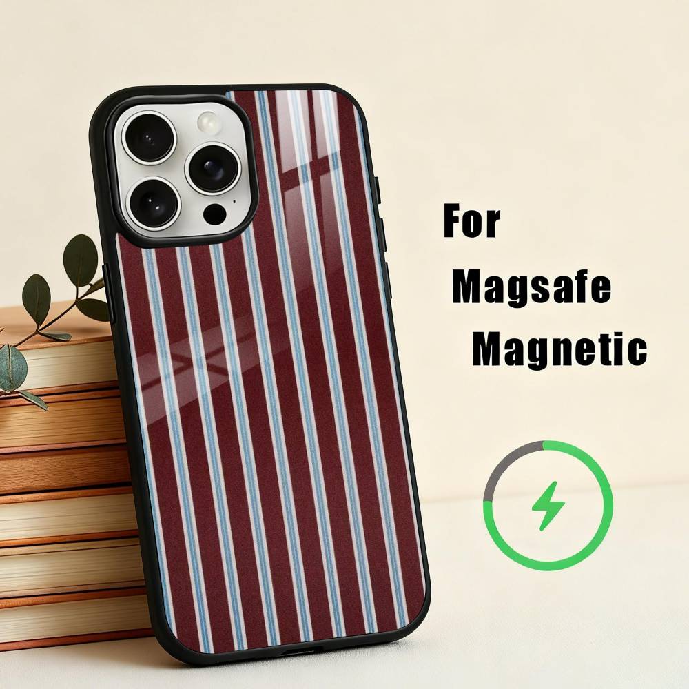 B-Burgundy W-White Stripe Phone Case For iPhone 17,16,15,14,13,12,Plus,Pro,Max for Magsafe Magnetic Wireless Charging