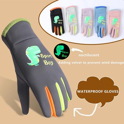 Cartoon Dinosaur Fluorescence Children's Gloves Outdoor Sports Warm Cycling Gloves Spring Winter Windproof Skiing Gloves Boys Girls.