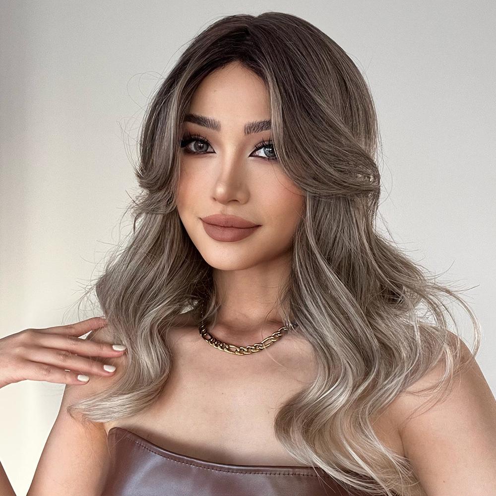 European & American Style Synthetic Headpieces with Gradient Gray-Brown, Middle-Parted French Perm - Popular Colors for Women