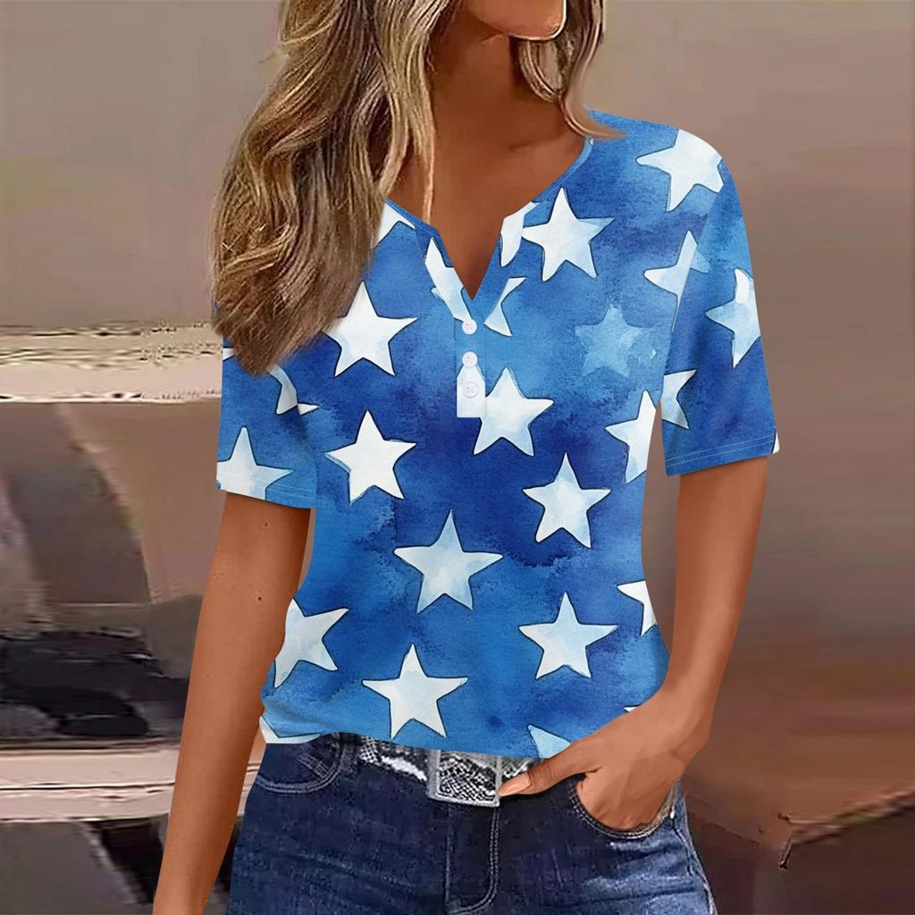 Women's T Shirt Tee Independence Day Print Button Short Sleeve Daily Weekend Fashion Basic V-Neck Regular Top