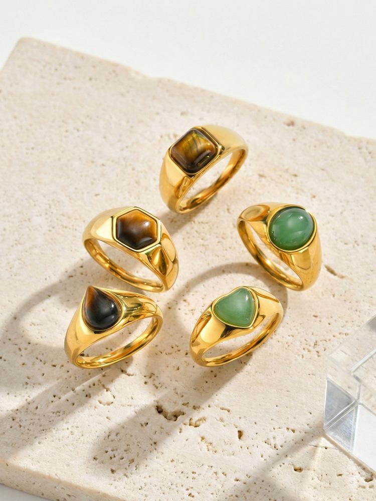18K Gold Plated Stainless Steel Natural Stone Ring Tiger Eye Green Aventurine Band Waterproof Healing Crystal Energy Jewelry