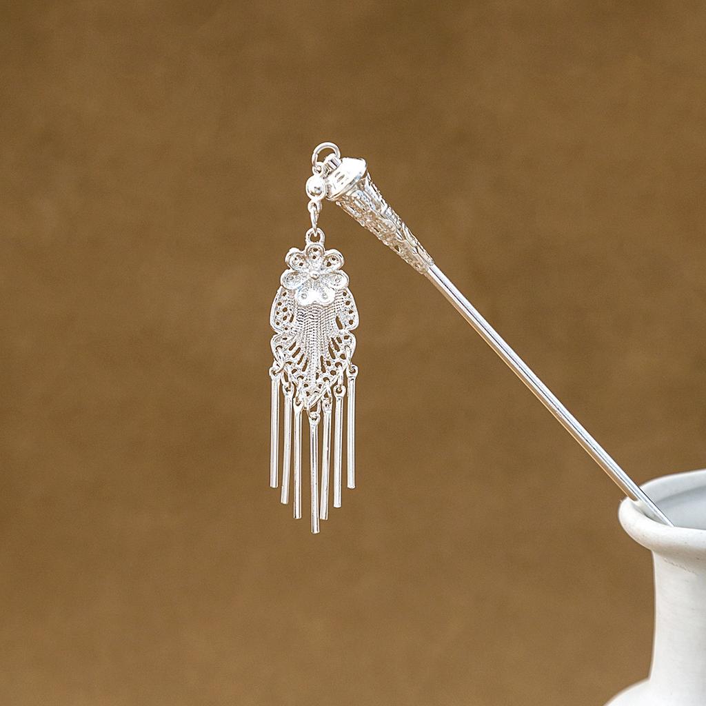 Hairpin Hollow Feather Fringed Hairpin, Ethnic Feng Shui Drop-Shaped Oil Dripping Hairpin Hanfu Disc Hair Accessories