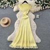 Elegant Lace Patchwork Knitted Midi Long Dress Women Chic Short Sleeve Ruffles Slim Fit Dresses 2026 Casual Daily Office Outfit