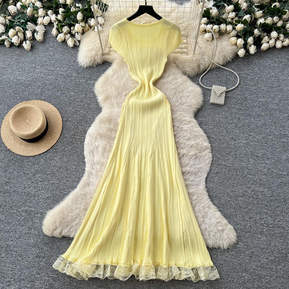 Elegant Lace Patchwork Knitted Midi Long Dress Women Chic Short Sleeve Ruffles Slim Fit Dresses 2026 Casual Daily Office Outfit