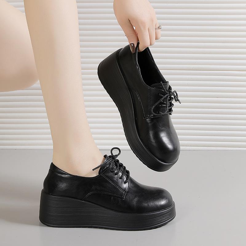Women's Spring and Autumn Work Shoes Thick-Soled Leather Shoes Women's Platform Lace-up Wedge Heel Single Shoes Commuter Shoes