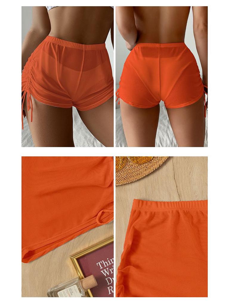 2025 Seksowny strój kąpielowy w jednolitym kolorze: Damskie Przezroczyste Siateczkowe Szorty Bikini Plażowe ze Sznurkiem