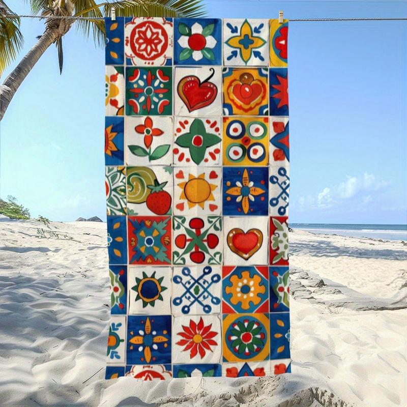Custom Mexican Tile Beach Towel Talavera Pattern Print Microfiber Sand Free Quick Dry Soft Travel Accessory