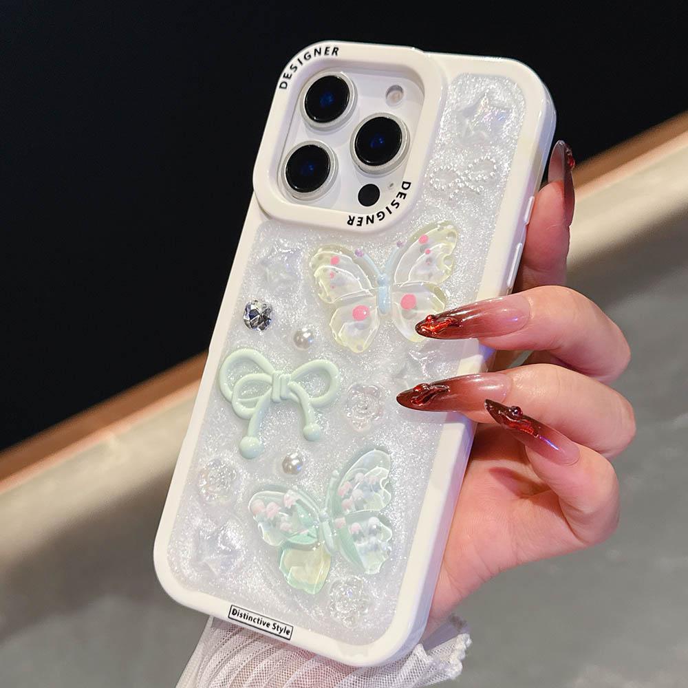 

3D Бабочка Перламутровый Блестящий Глиттер Белый Чехол Для iPhone 15 14 Plus 13 16 Pro Max 15 Plus Сияющая Звезда Жемчуг Милый Бант Крышка for iPhone 13Pro Max