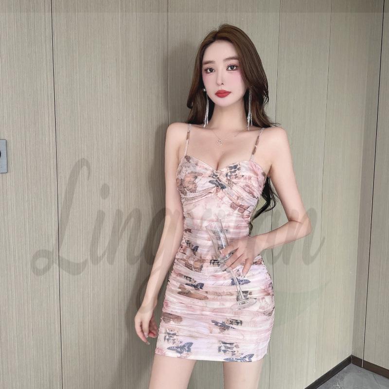 Butterfly Print Mesh Slip Dress: Sexy See-Through, Cinched Waist, Open Back, Hip-Hugging Skirt