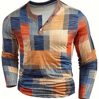Patchwork Denim Vintage T-Shirt For Men Patchwork Grid Graphic T Shirts  3D Printing Long Sleeve Tee Oversized Man Clothing