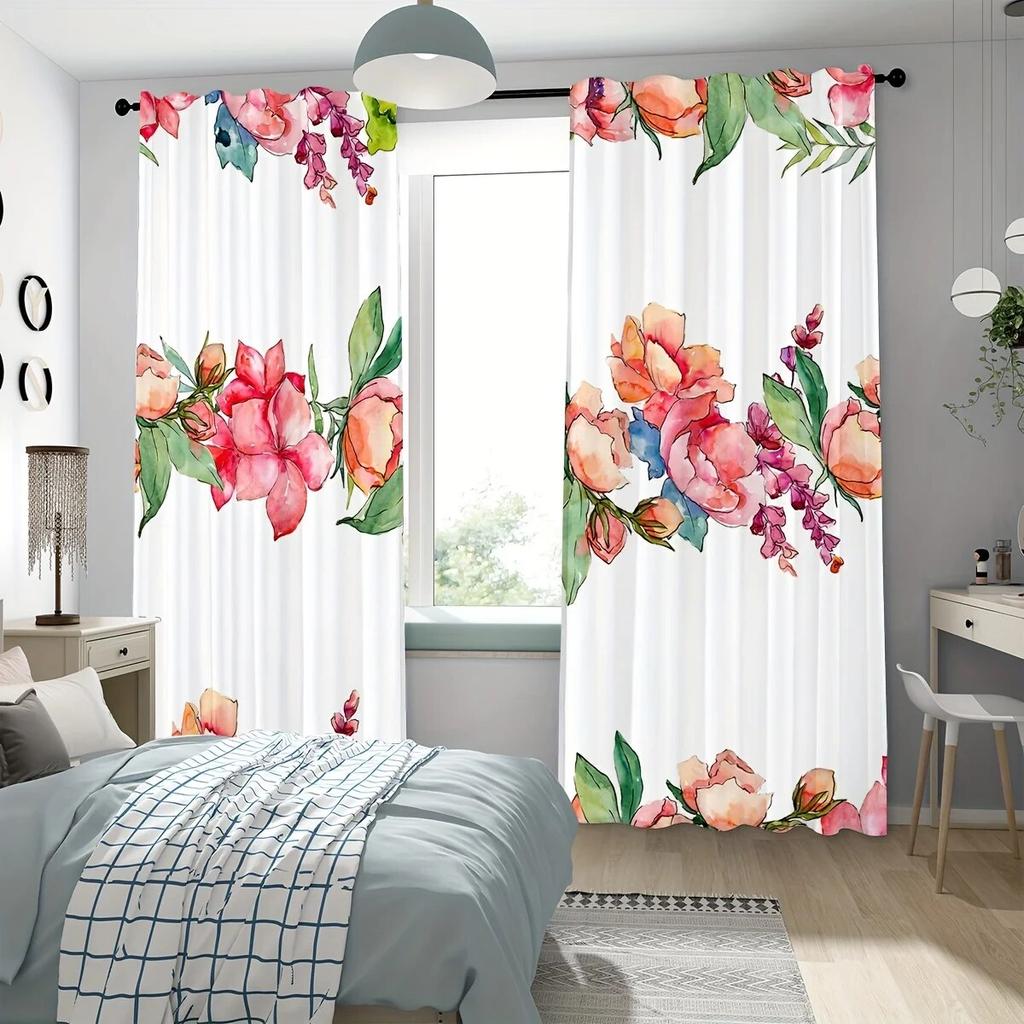 2pcs Wild Flowers Peonies With Watercolor Style Printed Curtains Rod Pocket Curtain  For Living Room Bedroom Windows Home Decor
