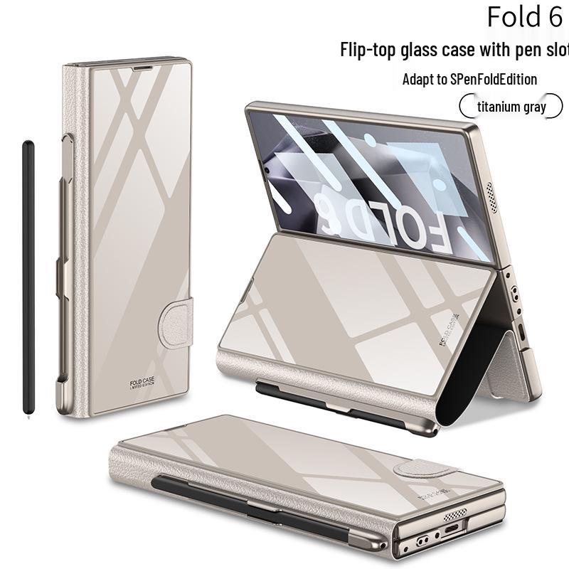 Samsung Z Fold 6 Leather Flip Case with Pen Slot and Glass Cover – Stylish and Business-Friendly.