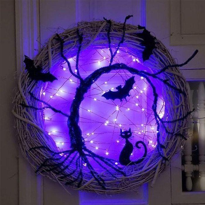 Guirlande lumineuse Halloween - AIMOONSA - Couronne squelette - Diamètre 30 cm - Violet - Chauve-souris &amp; chat
