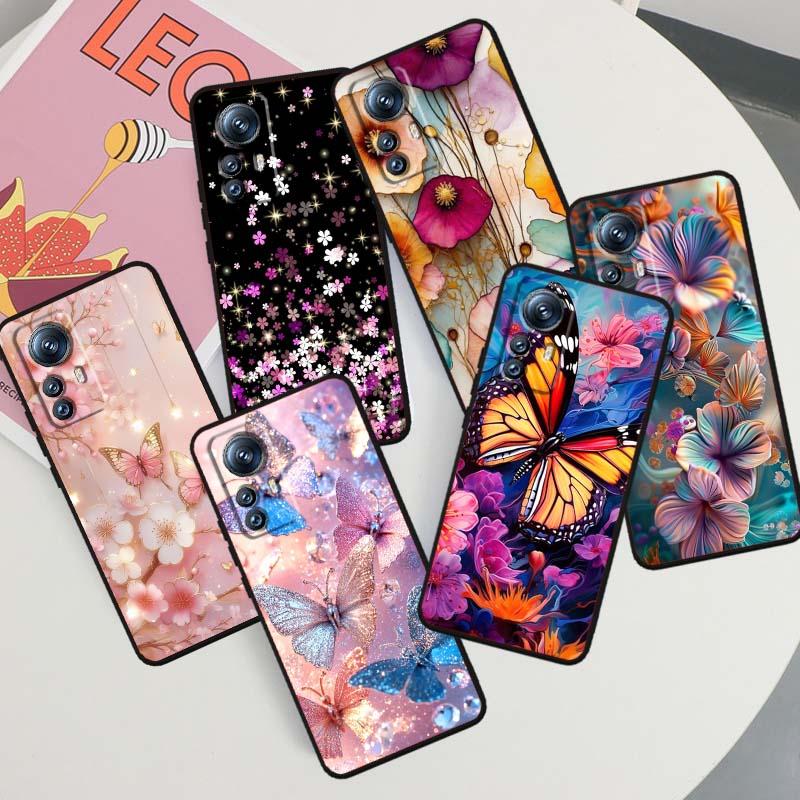 Butterfly flower pattern For Xiaomi Mi 15 14 13 13T 12 12T 12S 11 11i 11T Pro Ultra Lite 5G Black Soft Phone Case