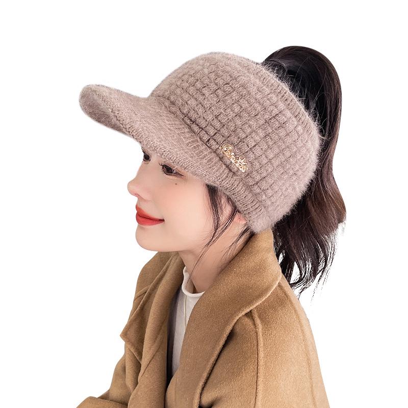 Women's Fleece-lined Wool Knitted Wide Brim Visor Hat for Autumn & Winter Sports