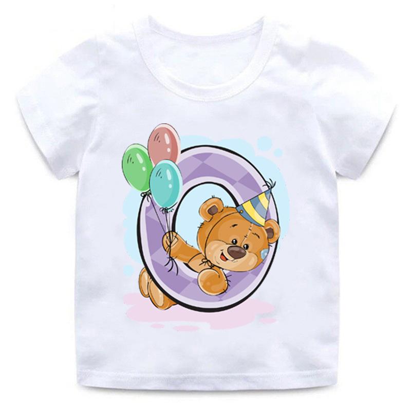 Children's T-shirt with Bear Birthday Number Print, Crew Neck, Short Sleeve, White