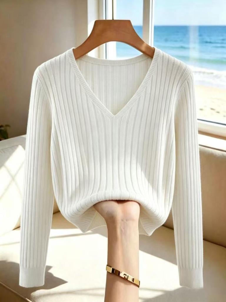 2026 Women's V-Neck Sweater: New Autumn/Winter Knitwear, Solid Color, Long Sleeve, European American Style