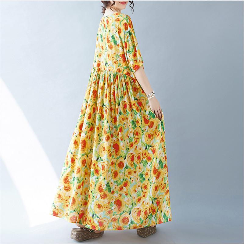 Short Sleeve Plus Size Cotton Vintage Floral New In Dresses for Women Casual Loose Long Summer Dress