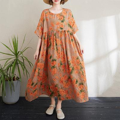 DIMANAF 2024 Plus Size Dress New Summer Basic Loose Women O-Neck Vintage Short Sleeve Big Size Beach Long Dress
