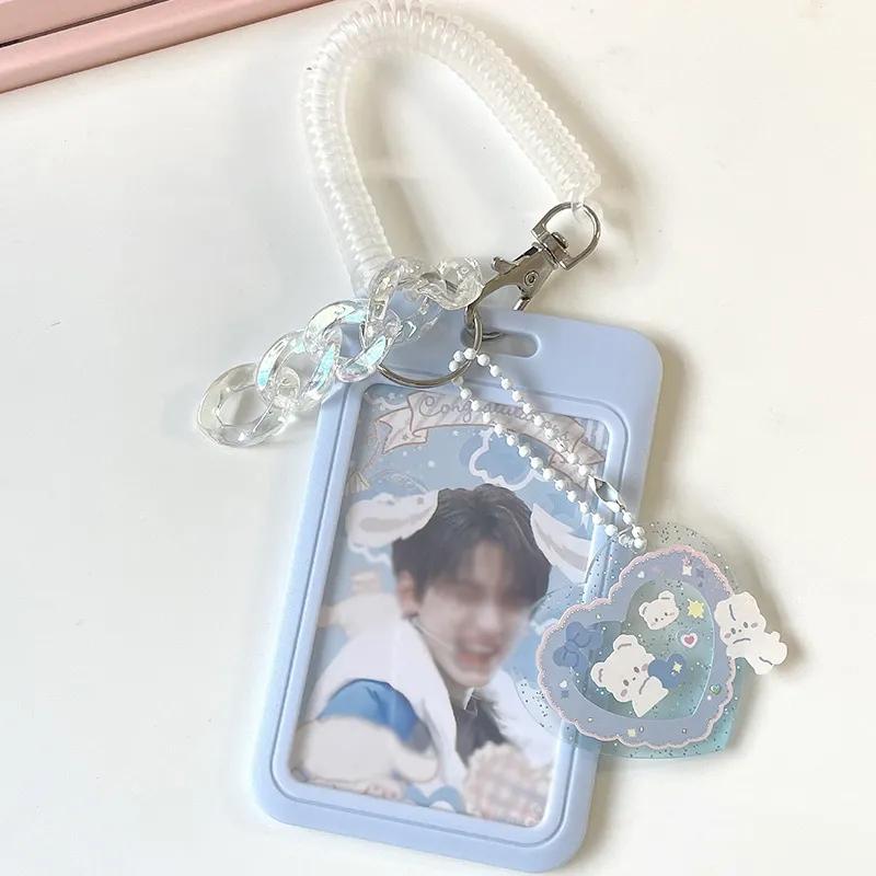 INS Pink Blue Kpop Photocard Holder Credit ID Bank Card Photo Display Holder Idol Postcard Card Protective Case with Pendant