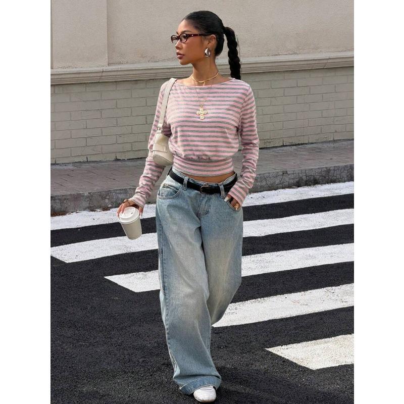 Damen S Gestreiftes Off-Shoulder Langarm Cropped T-Shirt